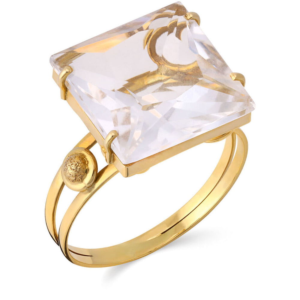 Anel em Ouro Amarelo 18k Quadrado com Cristal Aprox. 8 cts