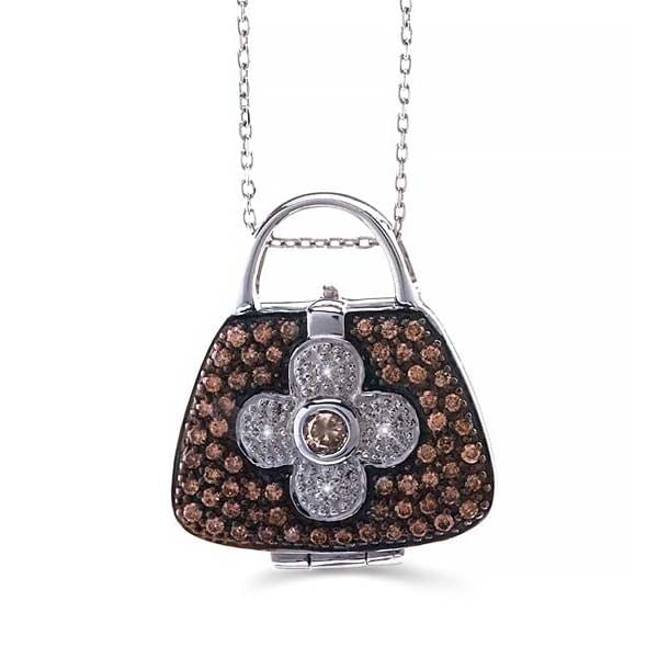Pingente em Prata 925 Bolsinha com Diamantes Brancos e Chocolates