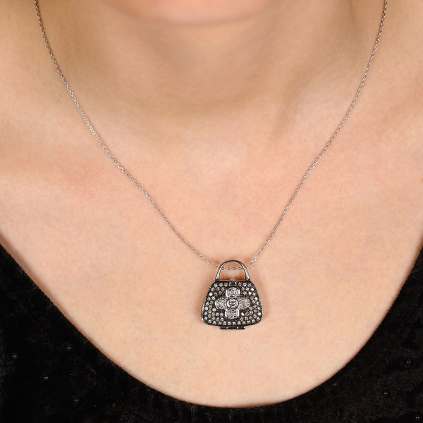 Pingente em Prata 925 Bolsinha com Diamantes Brancos e Chocolates