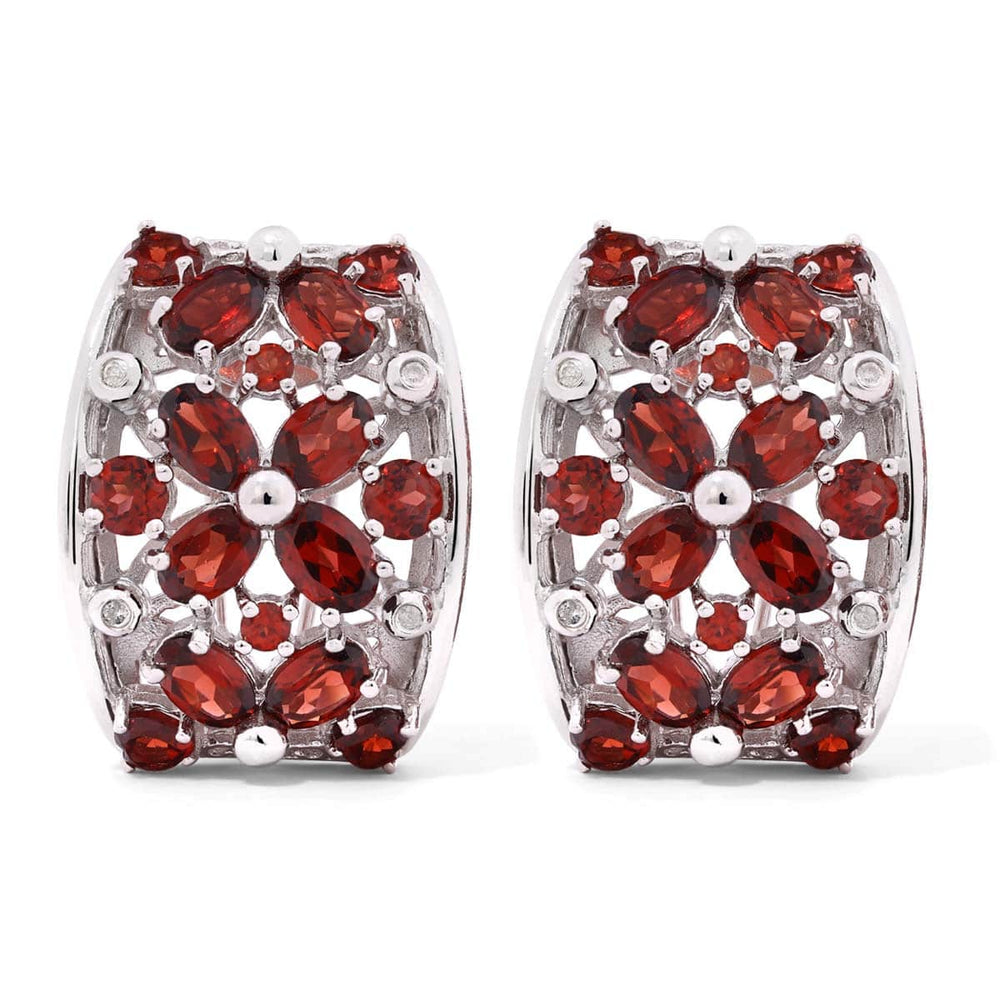 Par de Brinco em Prata 925 Floral com Granadas e Diamantes