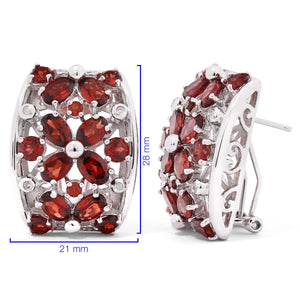 Par de Brinco em Prata 925 Floral com Granadas e Diamantes