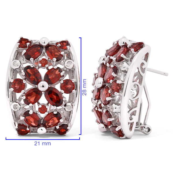 Par de Brinco em Prata 925 Floral com Granadas e Diamantes