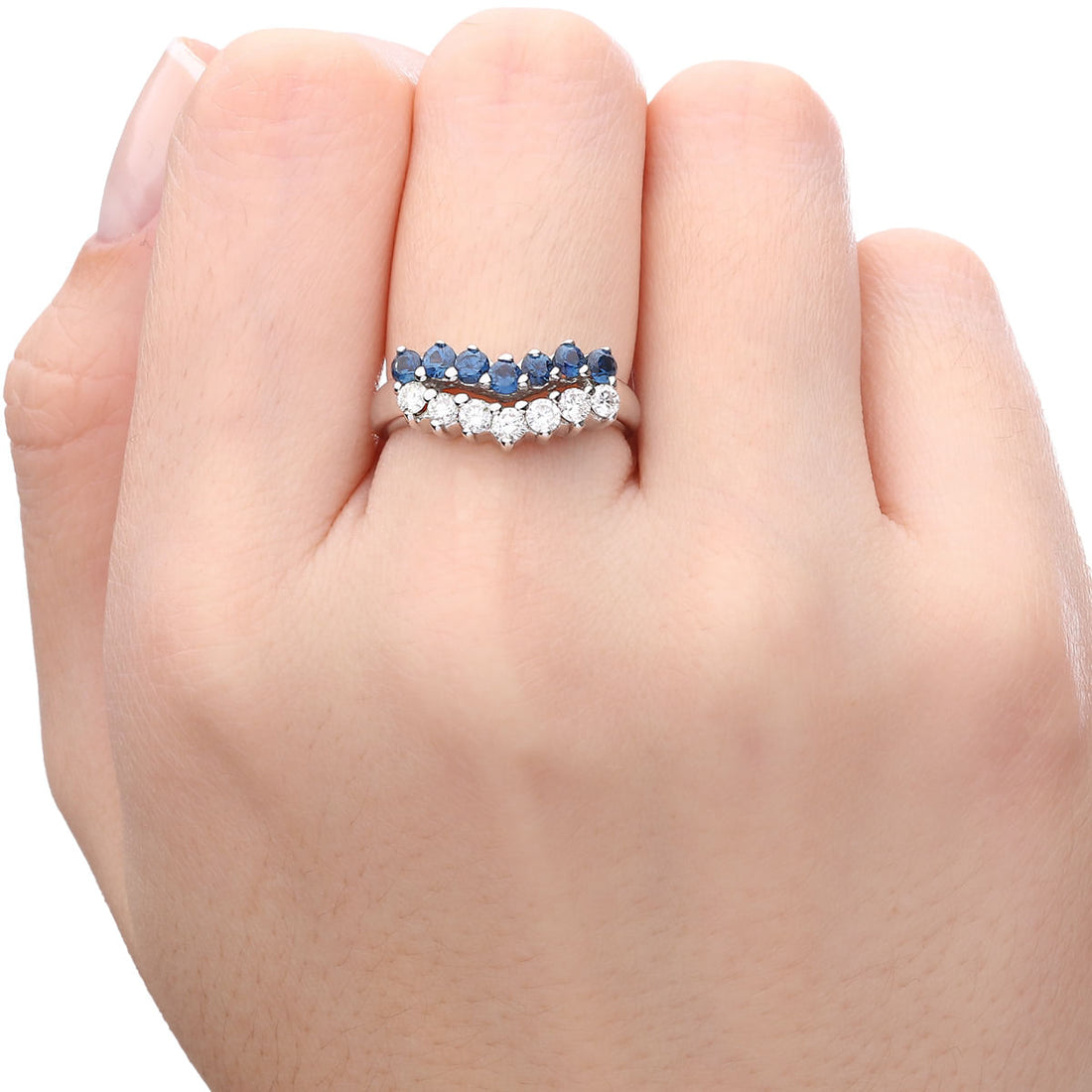 Anel Em Ouro Branco com Safiras e Diamantes