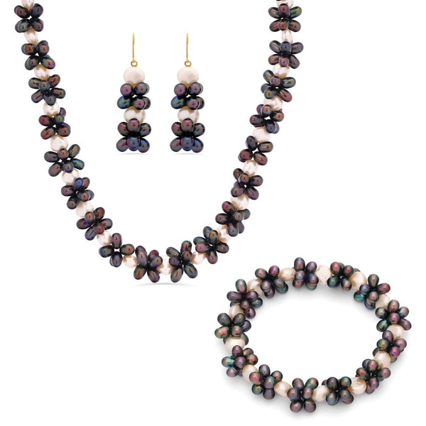 Conjunto em Ouro 18k com Pérolas Bivas Brancas e Furta-Cor