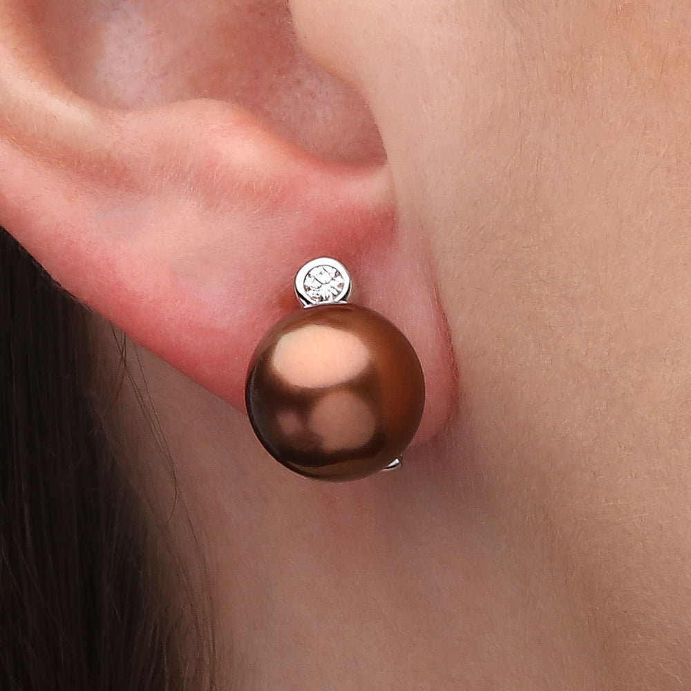 102055 - Par de Brinco em Ouro Branco 18k Perola South Sea Chocolate 11mm  e Diamantes