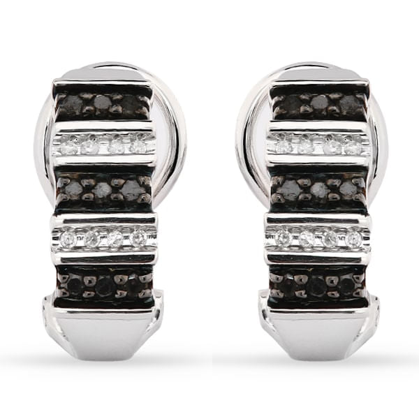 Par de Brinco em Prata 925 com Diamantes Negros e Brancos