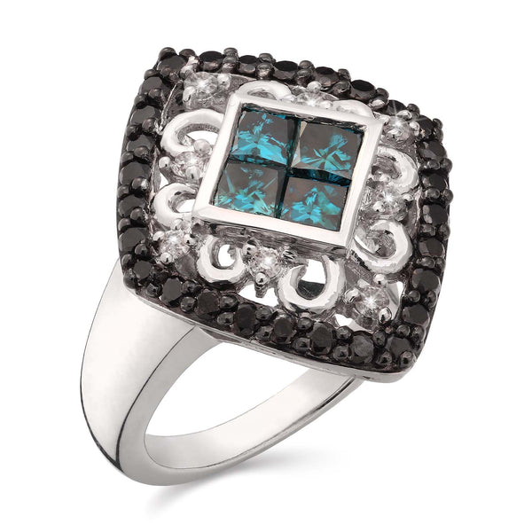 Anel de Prata 925 com Diamantes Azuis, Brancos e Negros