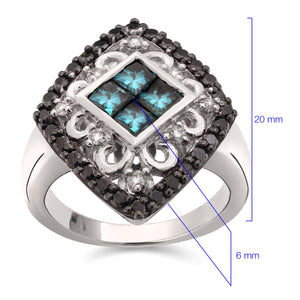 Anel de Prata 925 com Diamantes Azuis, Brancos e Negros
