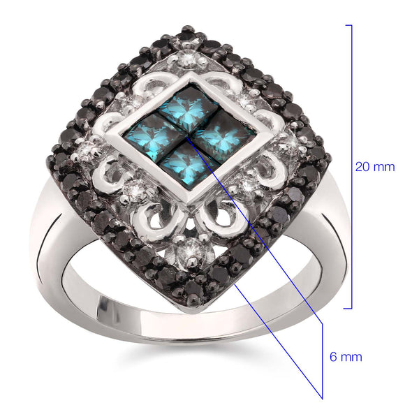 Anel de Prata 925 com Diamantes Azuis, Brancos e Negros
