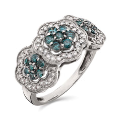 Anel em Prata 925 Florzinhas com Diamantes Azuis e Brancos