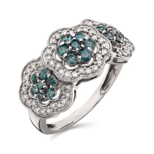 Anel em Prata 925 Florzinhas com Diamantes Azuis e Brancos