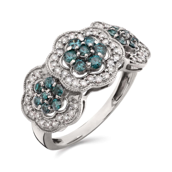 Anel em Prata 925 Florzinhas com Diamantes Azuis e Brancos