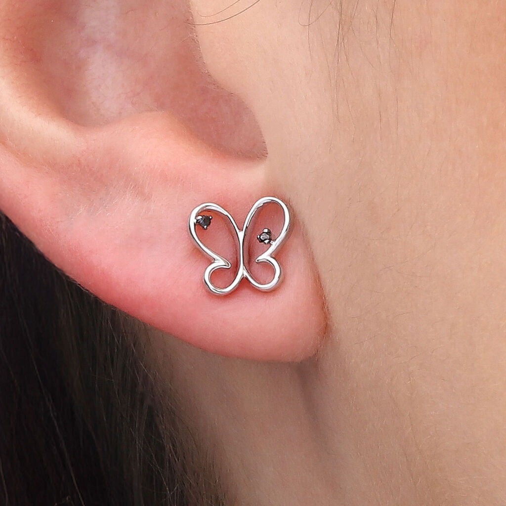 Par de Brinco em Ouro Branco com Diamantes Negros Borboleta