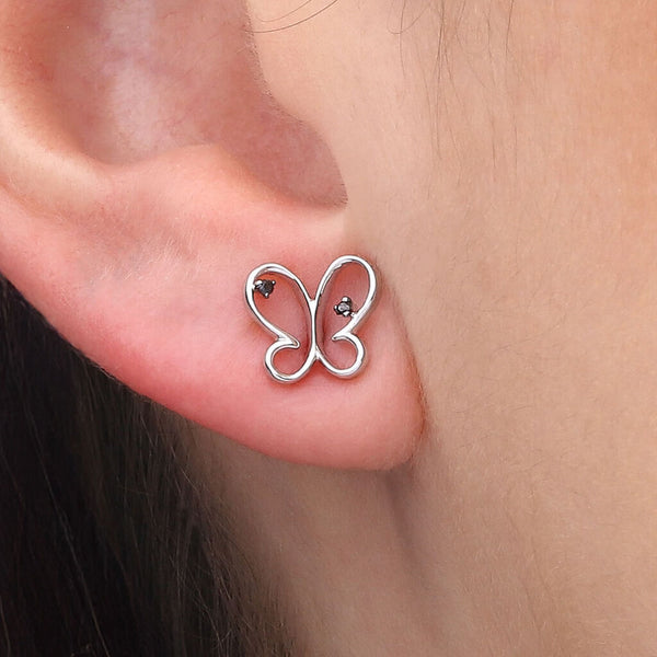 Par de Brinco em Ouro Branco com Diamantes Negros Borboleta