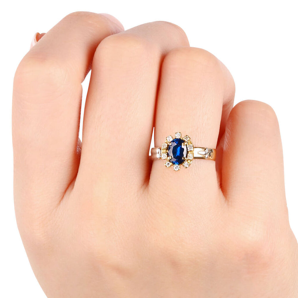 Anel em Ouro Amarelo 18k Formatura Pedras Sinteticas Azul e Brancas