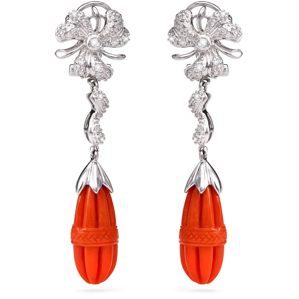 108738-Par de Brinco em Ouro Branco com Coral e Diamantes