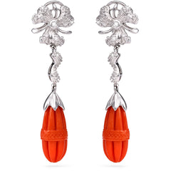 108738-Par de Brinco em Ouro Branco com Coral e Diamantes