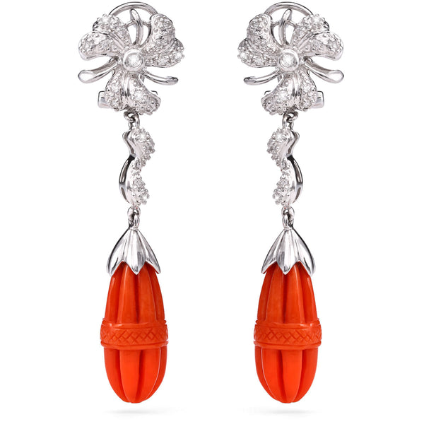 108738-Par de Brinco em Ouro Branco com Coral e Diamantes