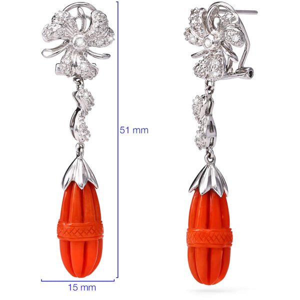 108738-Par de Brinco em Ouro Branco com Coral e Diamantes