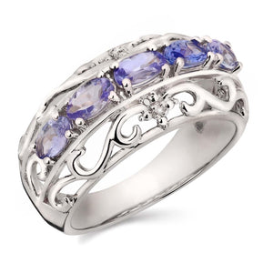 Anel em Prata 925 com 5 Tanzanitas e 2 Diamantes