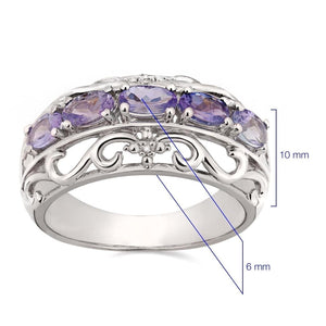 Anel em Prata 925 com 5 Tanzanitas e 2 Diamantes