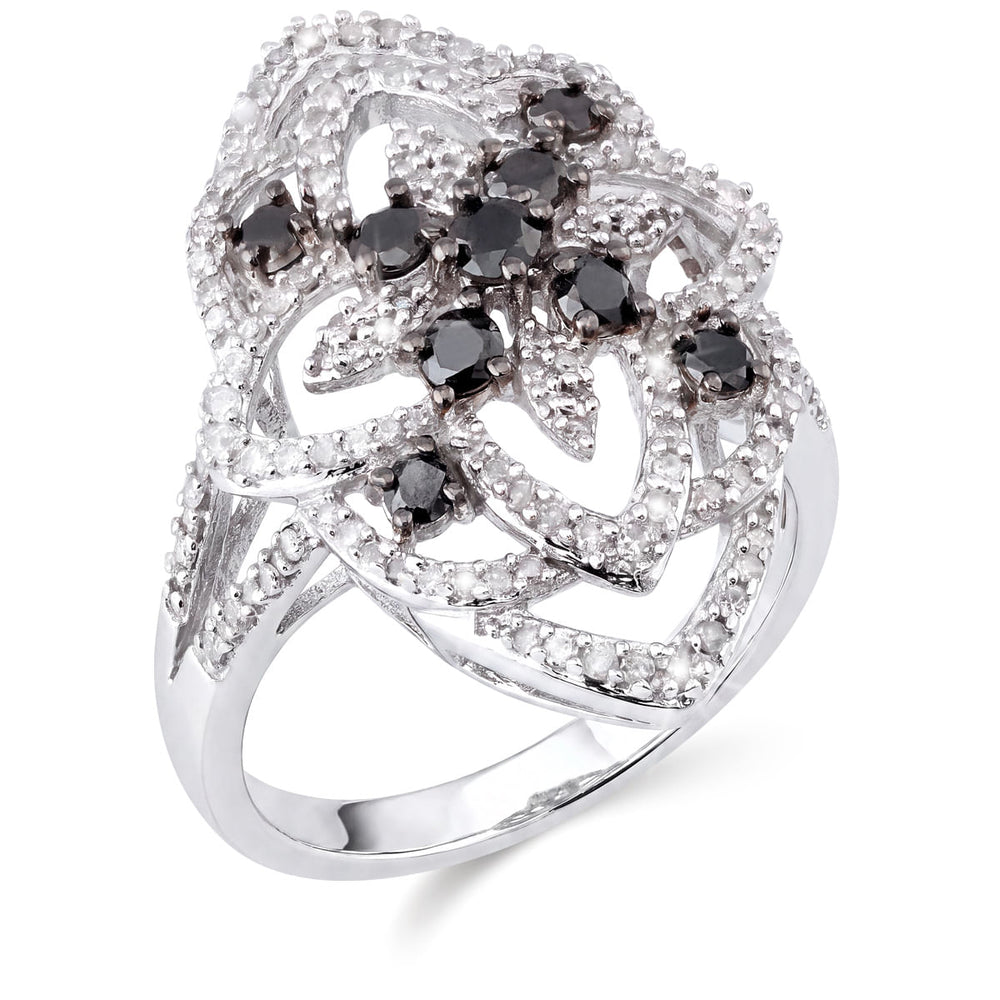 110167 - Anel em Ouro Branco 14k Navete com Diamantes Brancos e Negros Aprox. 1 ct