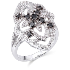 110167 - Anel em Ouro Branco 14k Navete com Diamantes Brancos e Negros Aprox. 1 ct