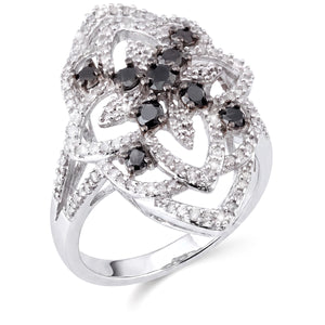 110167 - Anel em Ouro Branco 14k Navete com Diamantes Brancos e Negros Aprox. 1 ct