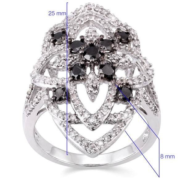 110167 - Anel em Ouro Branco 14k Navete com Diamantes Brancos e Negros Aprox. 1 ct
