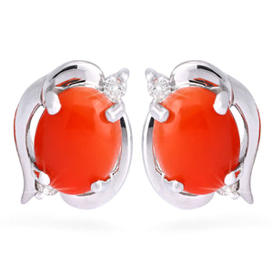 Par de Brinco em Ouro Branco 18k com Coral e Diamantes