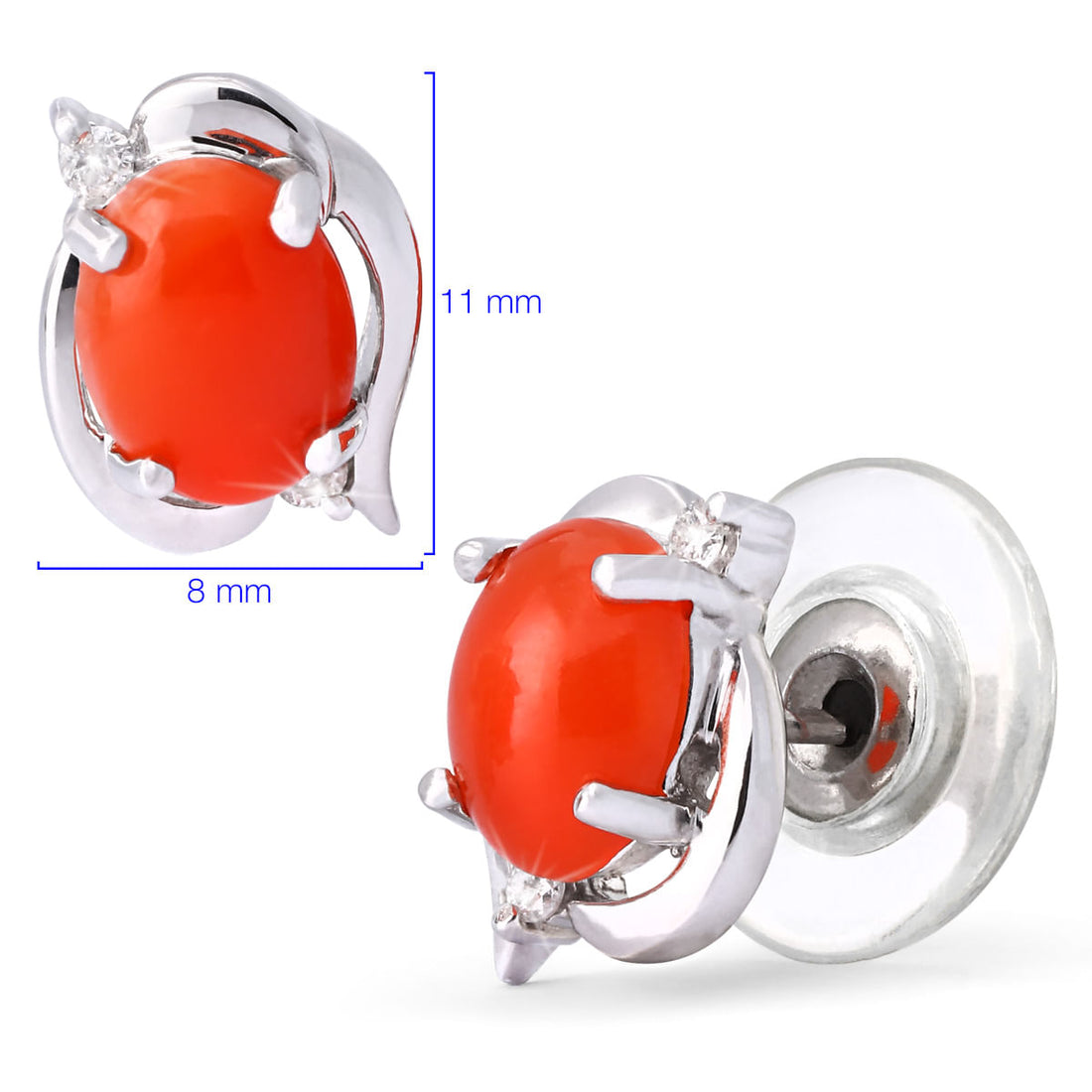 Par de Brinco em Ouro Branco 18k com Coral e Diamantes