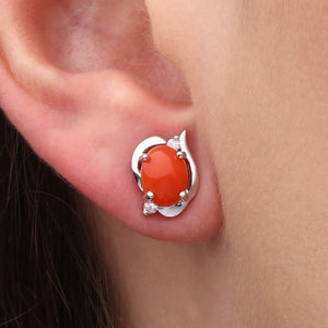 Par de Brinco em Ouro Branco 18k com Coral e Diamantes