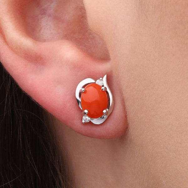 Par de Brinco em Ouro Branco 18k com Coral e Diamantes