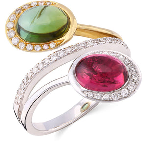 Anel em Ouro Branco 18k com Turmalinas e Diamantes Aprox. 2,98 cts Det. em Ouro Amarelo