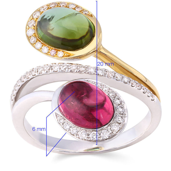 Anel em Ouro Branco 18k com Turmalinas e Diamantes Aprox. 2,98 cts Det. em Ouro Amarelo