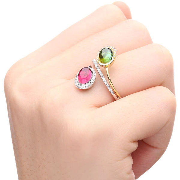Anel em Ouro Branco 18k com Turmalinas e Diamantes Aprox. 2,98 cts Det. em Ouro Amarelo