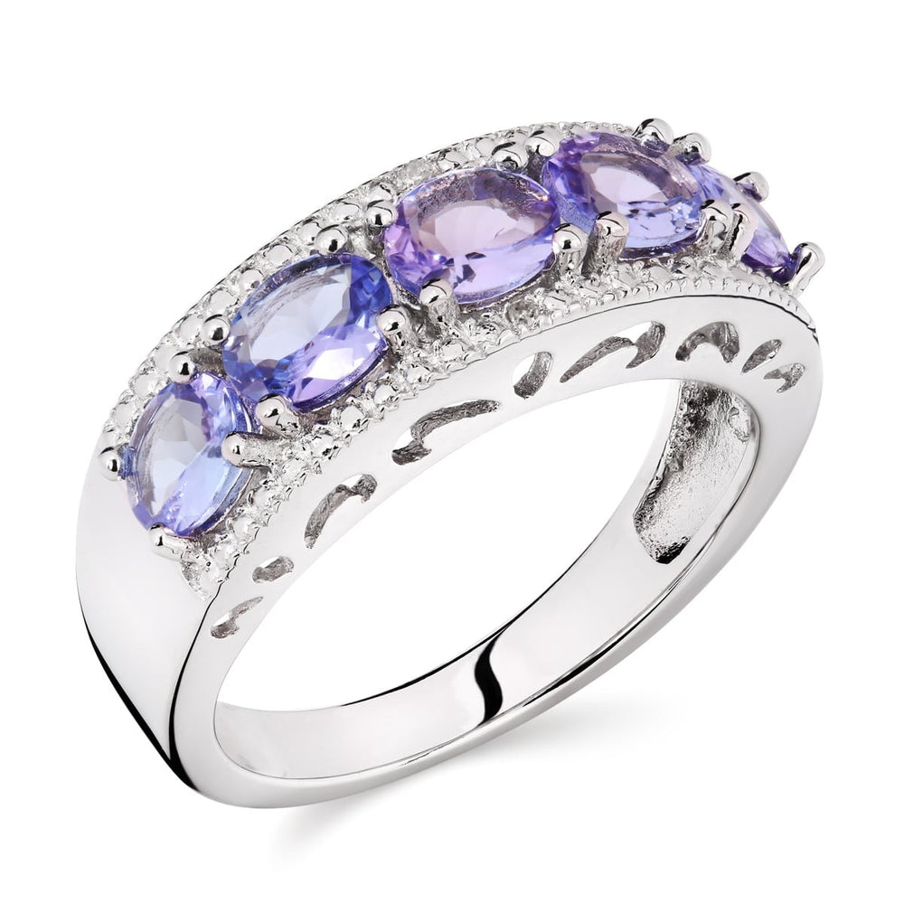 Anel em Prata 925 com 5 Tanzanitas e 2 Diamantes