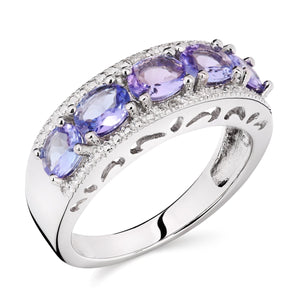 Anel em Prata 925 com 5 Tanzanitas e 2 Diamantes