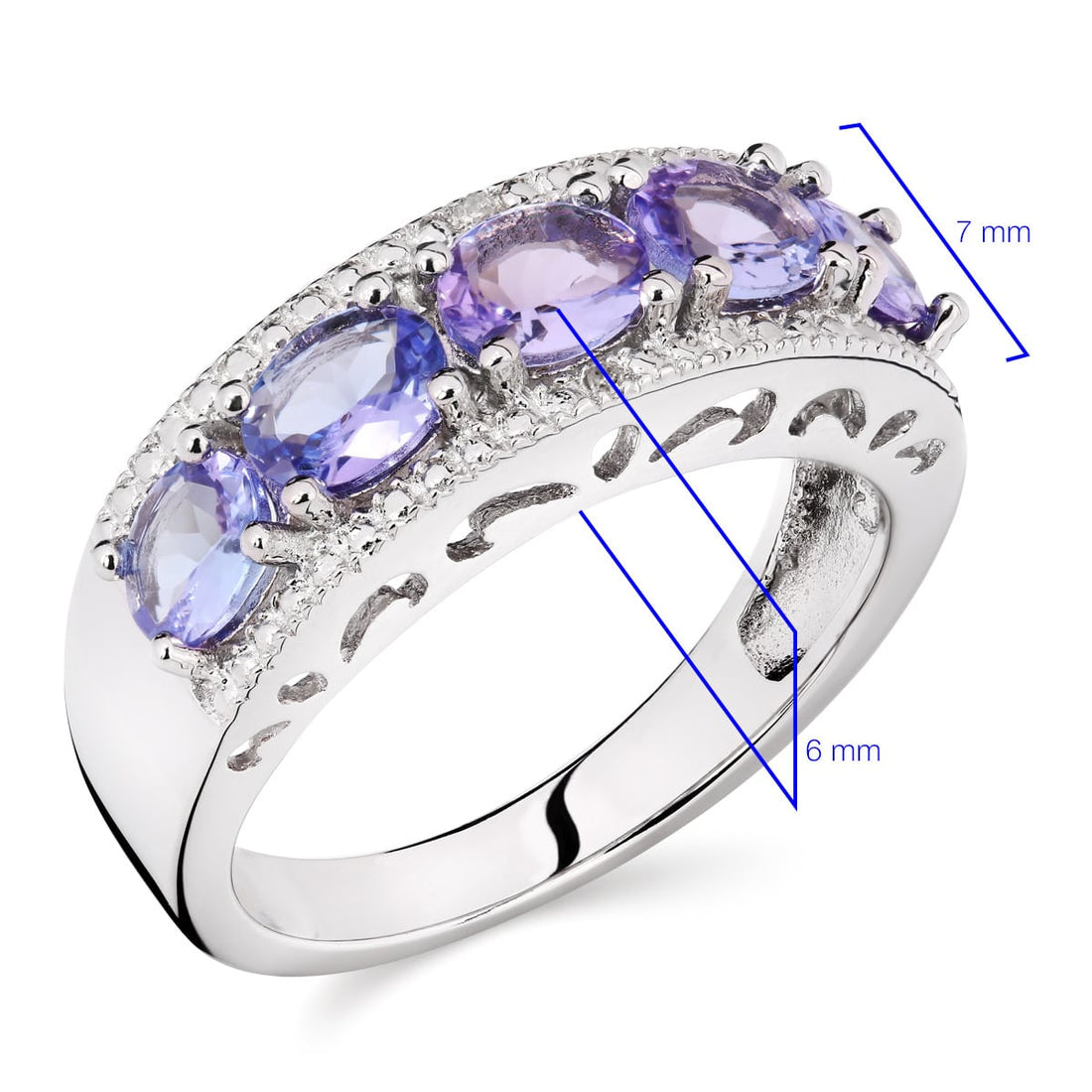 Anel em Prata 925 com 5 Tanzanitas e 2 Diamantes