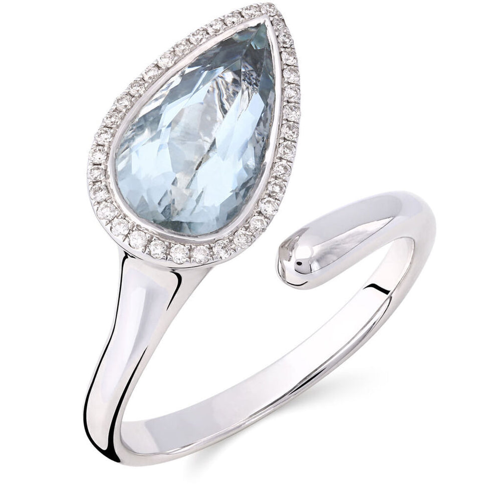 Anel em Ouro Branco de Água Marinha Gota com Diamantes
