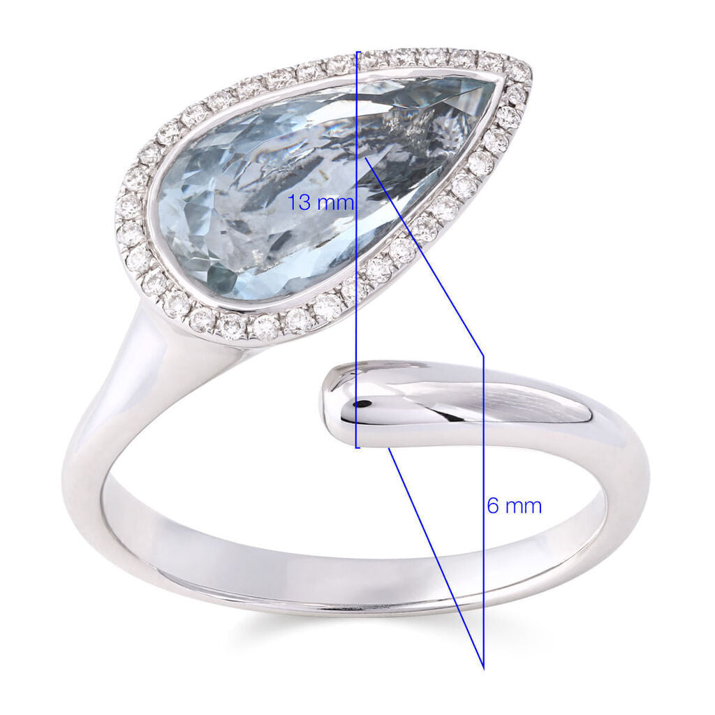 Anel em Ouro Branco de Água Marinha Gota com Diamantes