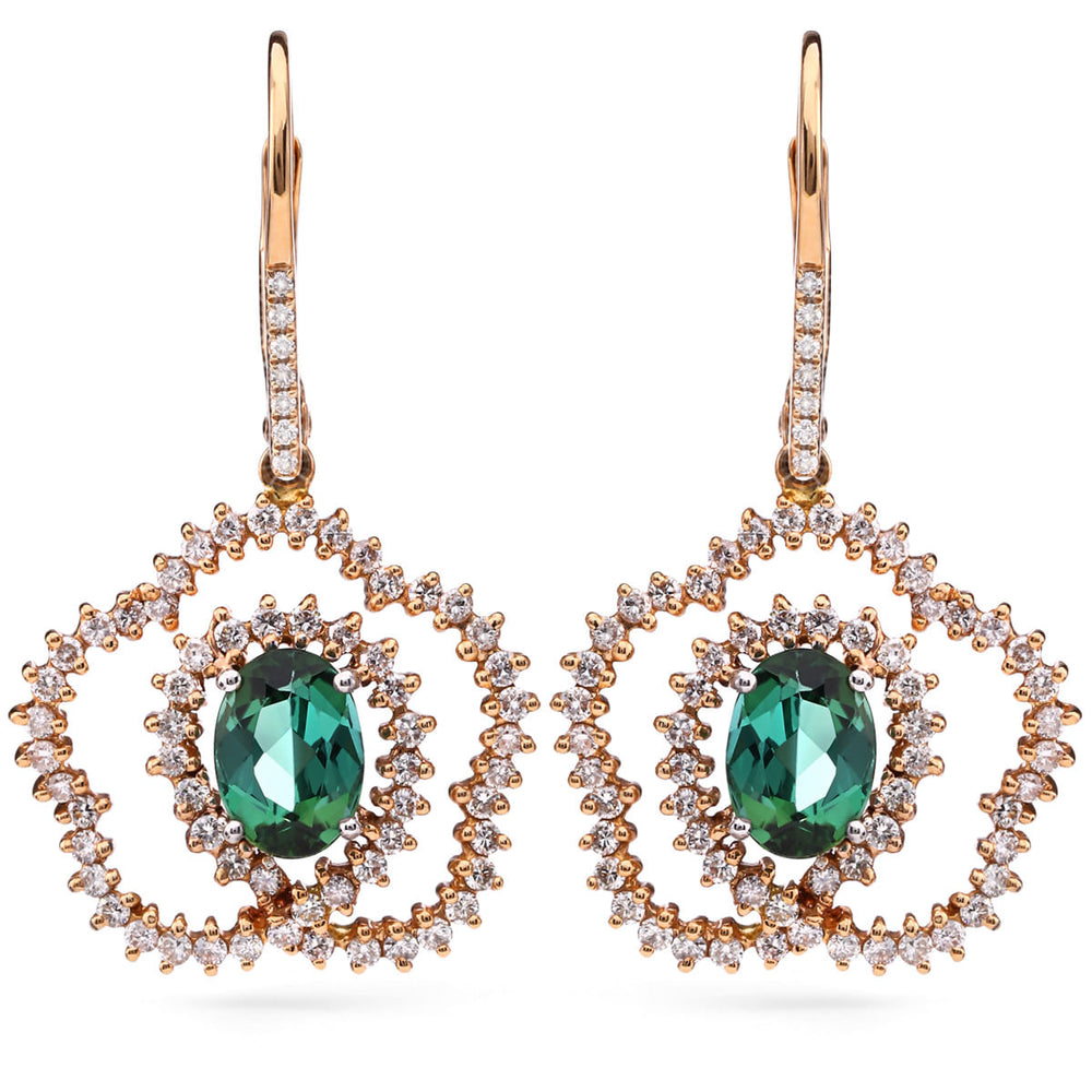 118919 - Par de Brinco em Ouro Rose 18k Com Turmalinas Verdes e Diamantes
