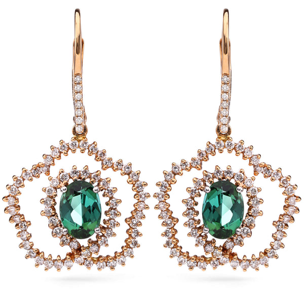 118919 - Par de Brinco em Ouro Rose 18k Com Turmalinas Verdes e Diamantes