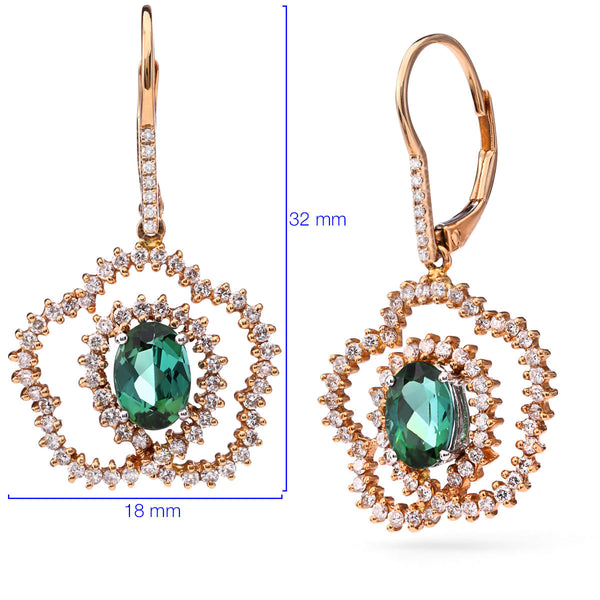 118919 - Par de Brinco em Ouro Rose 18k Com Turmalinas Verdes e Diamantes