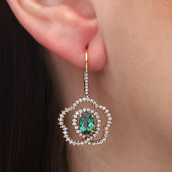 118919 - Par de Brinco em Ouro Rose 18k Com Turmalinas Verdes e Diamantes