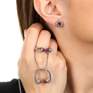 Anel, Brincoe Pingente em Prata 925 com Ametistas e Diamantes