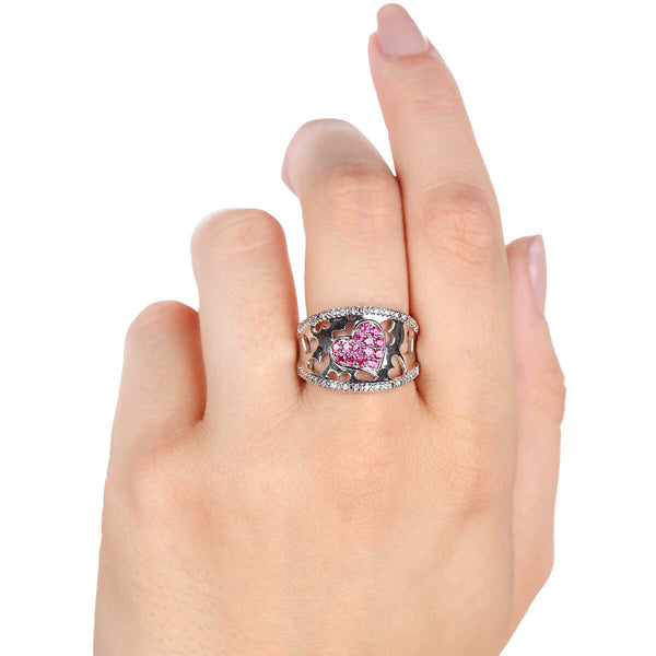Anel em Prata 925 Coração com Rubis Man Made e Diamantes