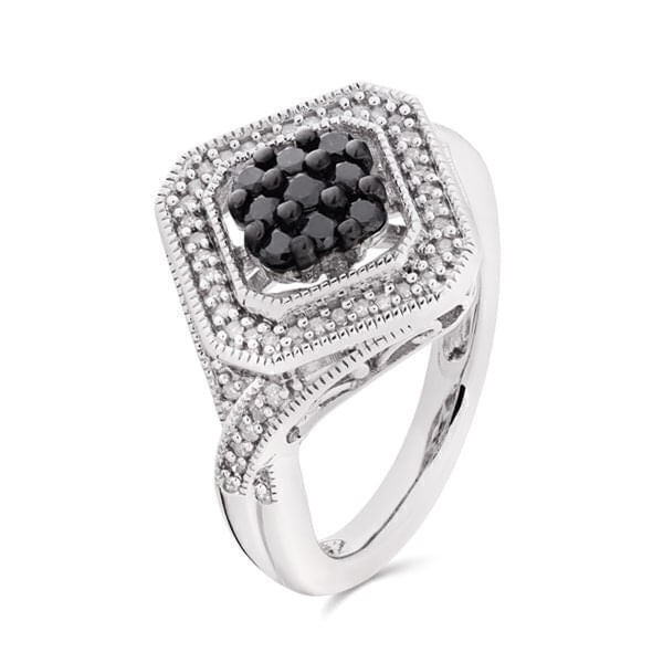 Anel em Prata 925 Losango com Diamantes Negros e Brancos
