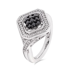 Anel em Prata 925 Losango com Diamantes Negros e Brancos