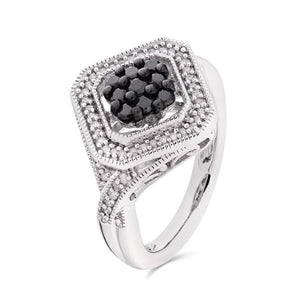 Anel em Prata 925 Losango com Diamantes Negros e Brancos